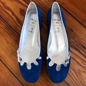 NWOB, Blue suede ballet flats with silver detailing, French Sole brand, size 7.